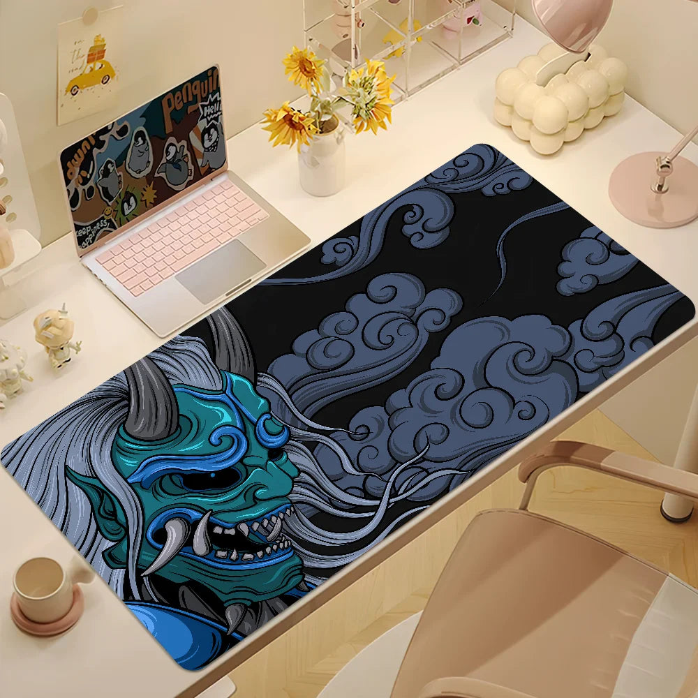 Large Japan Samurai Fantasy Mask mouse pad with non-slip rubber base, featuring detailed samurai mask design for gaming and computer use.