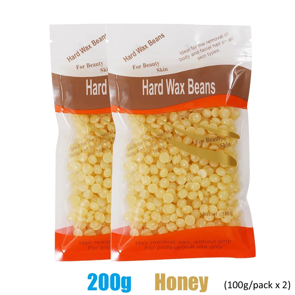 Hard wax beans for hair removal by R.E.D. Shopping, shown in 500g, 200g, and 50g packages, used for professional waxing treatments.