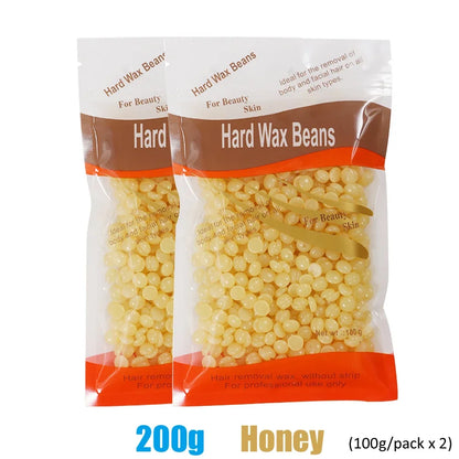 Hard wax beans for hair removal by R.E.D. Shopping, shown in 500g, 200g, and 50g packages, used for professional waxing treatments.
