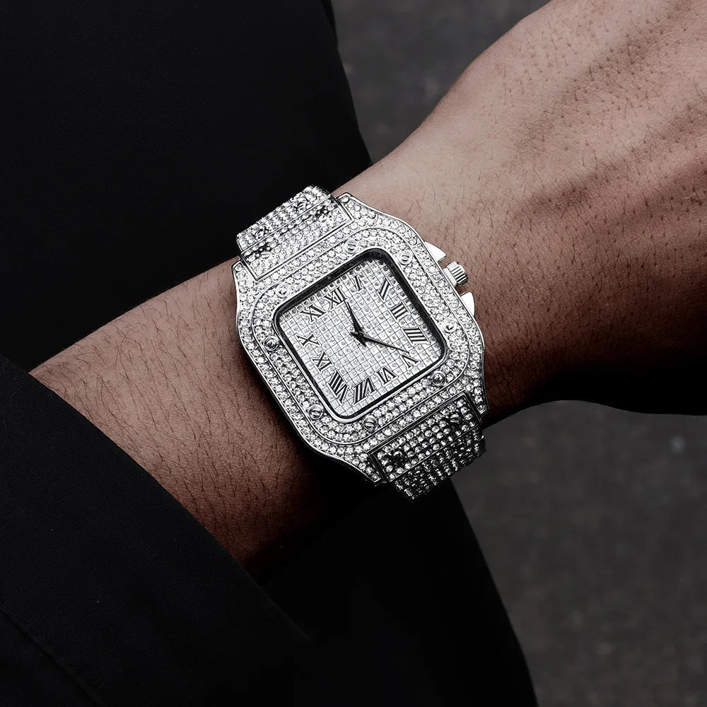 Men's luxury square rhinestone quartz watch with steel strap, stylish business wristwatch by R.E.D. Shopping.