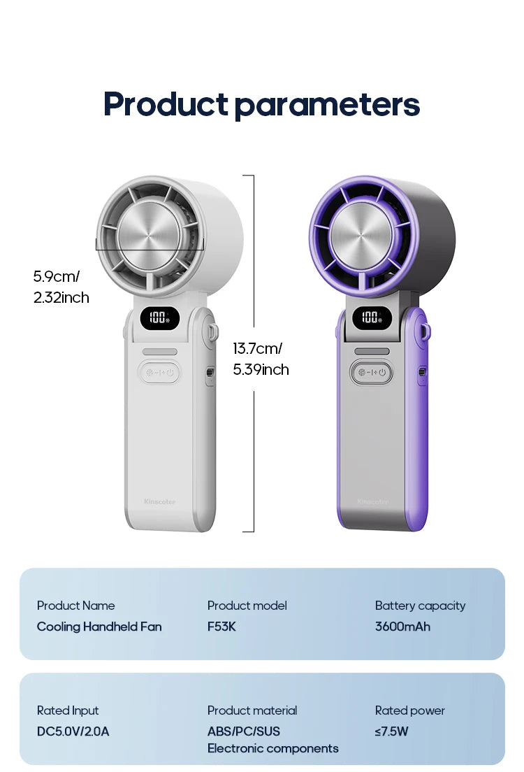 KINSCOTER Foldable Handheld Fan – 3600mAh, 100-Speed, Ice Cooling