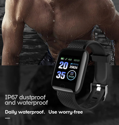 R.E.D. Shopping 116Plus Smart Watch with full touch screen and IP67 waterproof fitness tracker on black strap