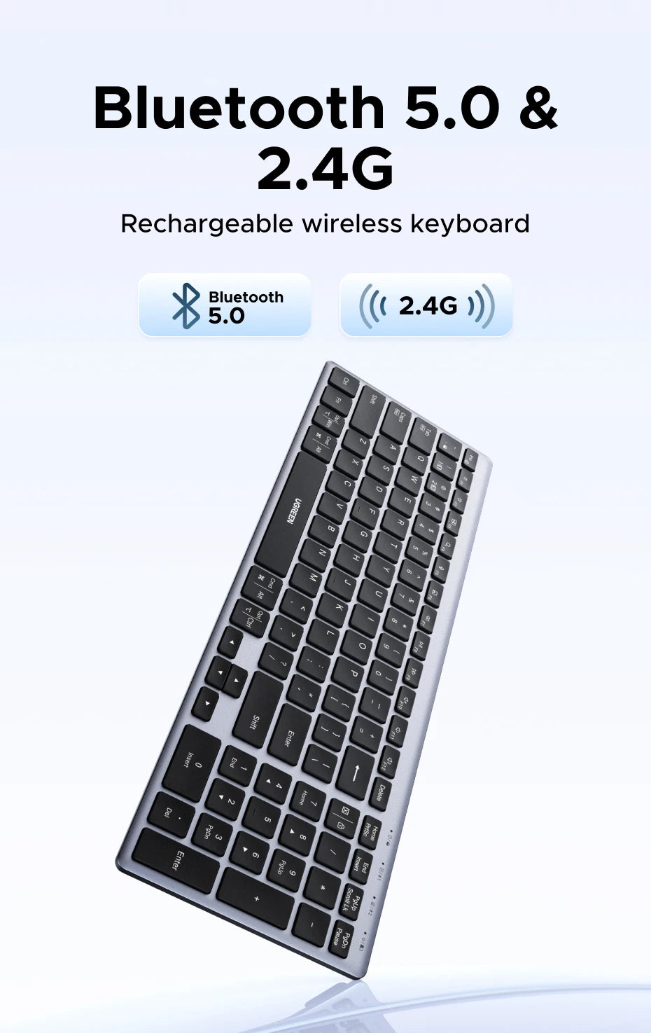 UGREEN Wireless Keyboard – Bluetooth 5.0 & 2.4G, 99 Keys, EN/RU Layout, USB-C Rechargeable | MacBook, iPad, PC, Tablet