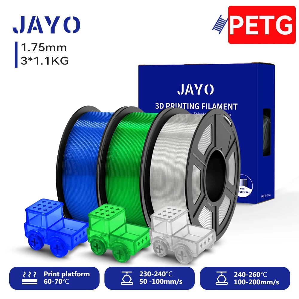 JAYO PETG/High Speed Matte PETG 3D Printing Filament 1.75MM Mix-Colors & No bubbles &Non-toxic For 3D Printer & Pen 3Rolls