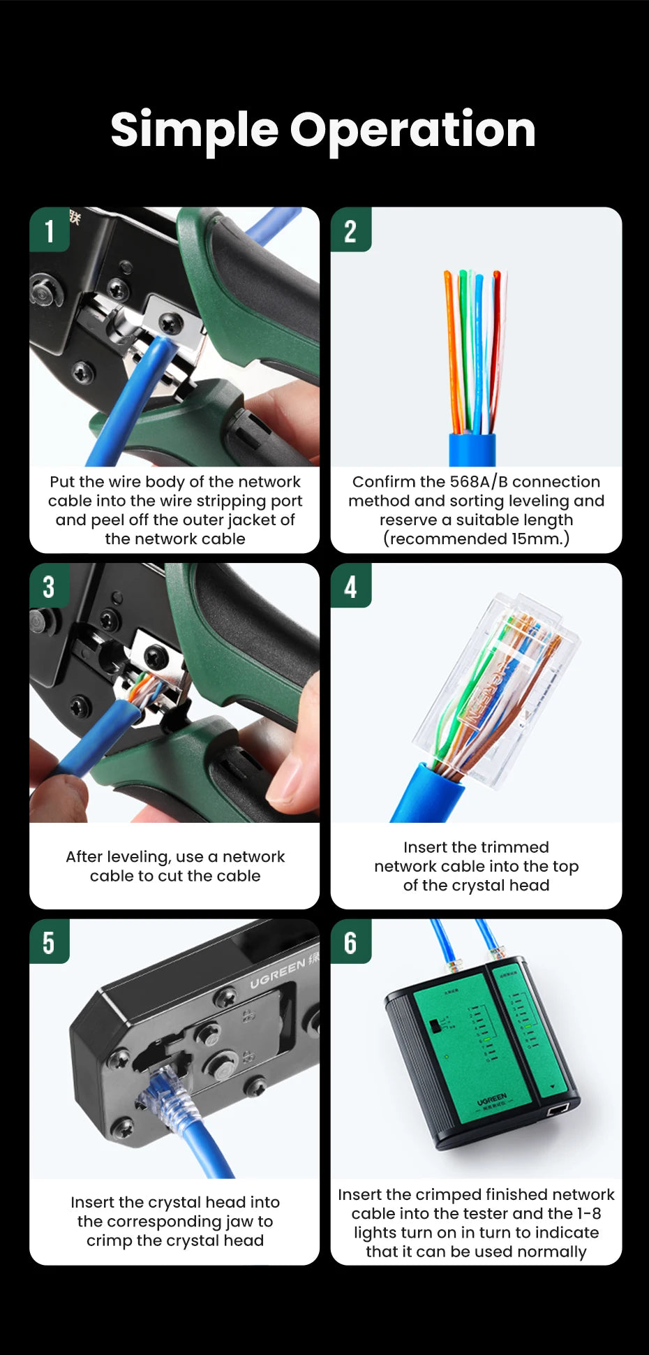 UGREEN RJ45 Crimper Tool NW136 | CAT6/7 Ethernet Cable Crimping Pliers | Cutter & Stripper | 8P/6P