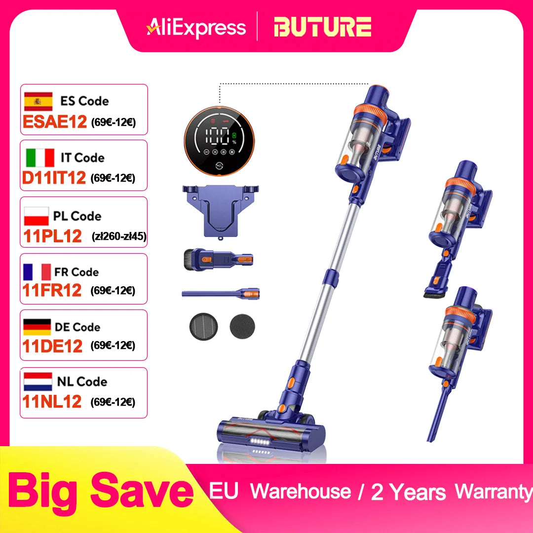 R.E.D. Shopping BUTURE 450W cordless vacuum cleaner with 38Kpa suction, large dust cup, and removable battery for home cleaning
