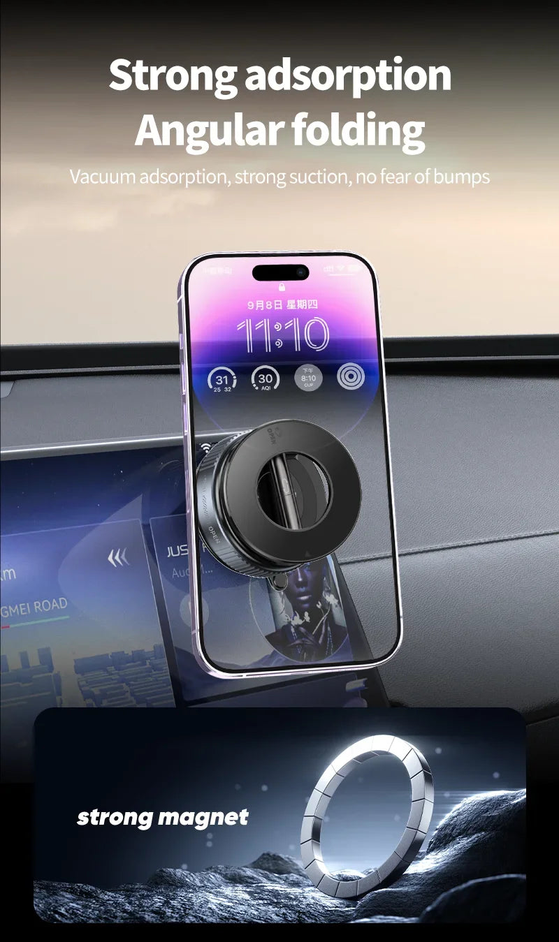 Rotating Folding Magnetic Phone Holder | Vacuum Suction MagSafe Stand for Car, Gym & Kitchen