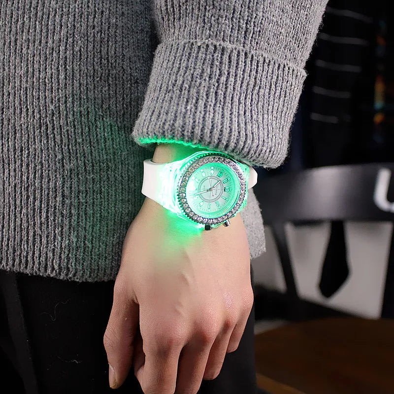 LED Flash Luminous Watch by R.E.D. Shopping featuring rhinestones and silicone strap, glowing in the dark for kids and adults.