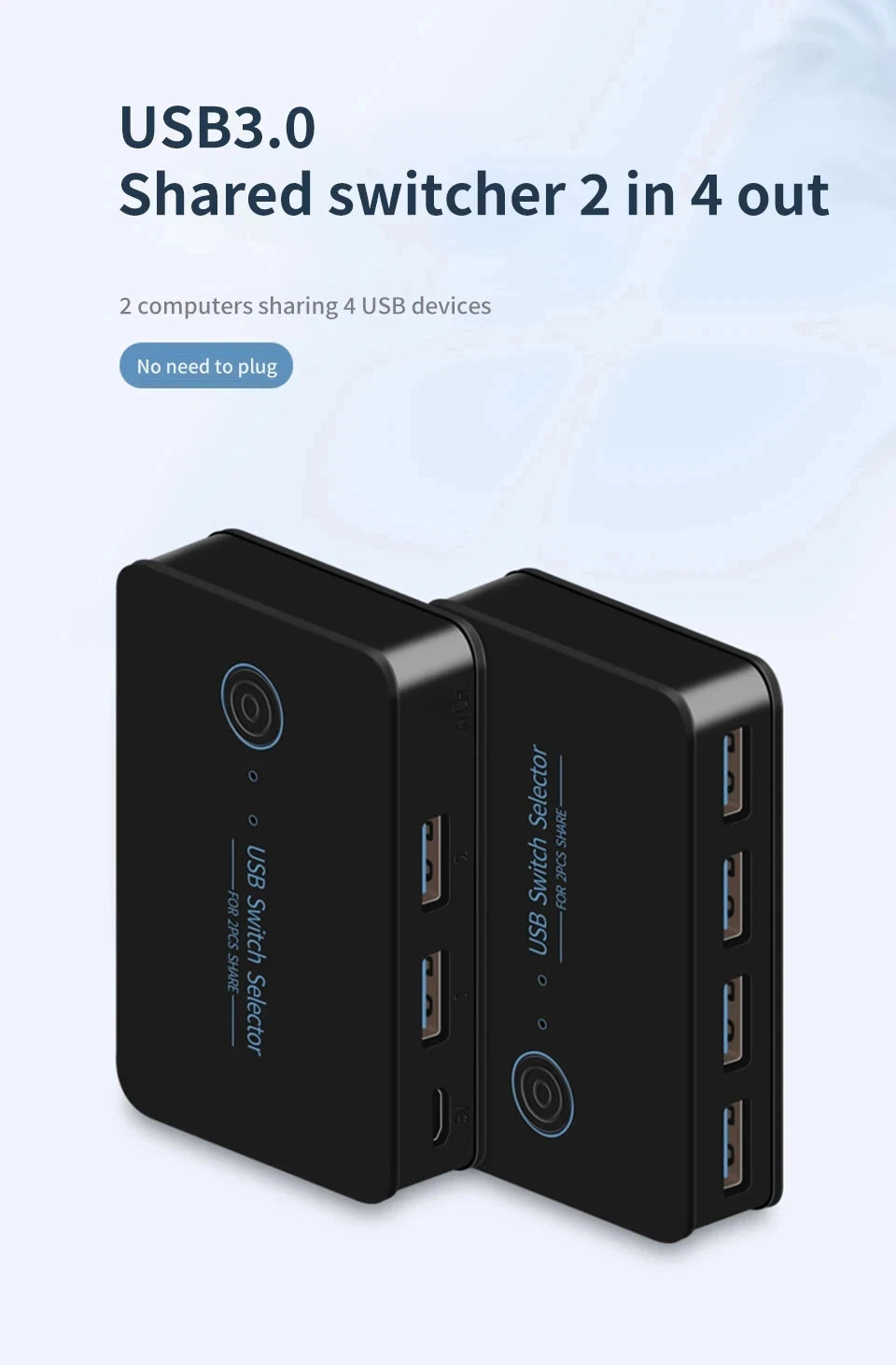 USB 3.0 KVM Switch – 2 Inputs, 4 Outputs, Shared Keyboard Mouse Printer Hub