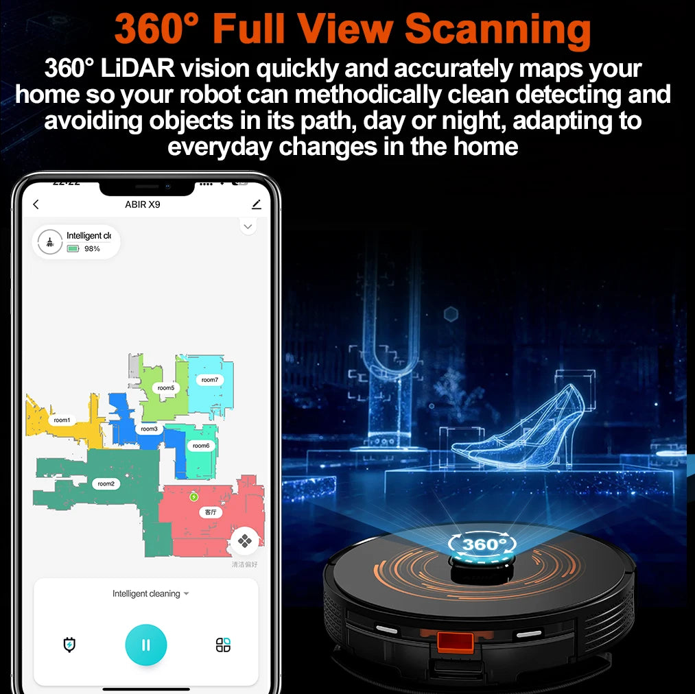 ABIR X9 Robot Vacuum Cleaner – Laser LiDAR, 6500PA Suction, UV Spot Cleaning, Multi-Floor Map, Auto Carpet Boost