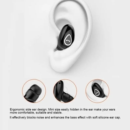 Mini invisible R.E.D. Shopping Bluetooth 5.0 earbuds with mic, in-ear wireless headphones, HiFi sound, compact and sleek design.