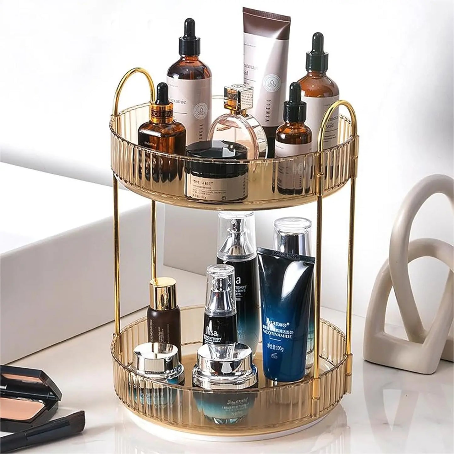 360° Rotating Makeup Organizer | 2-Layer Vanity Skincare & Cosmetic Storage