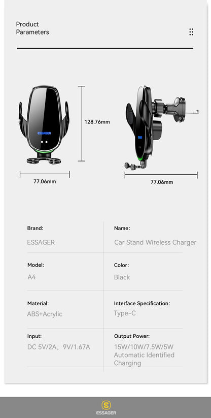 Essager 15W Wireless Car Charger Air Vent Mount – Fast Charging for iPhone, Xiaomi & Huawei