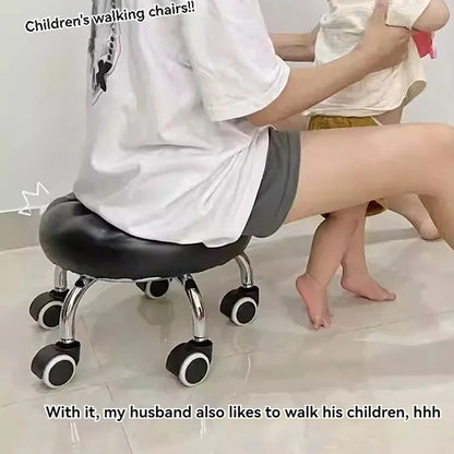 R.E.D. Shopping universal wheel stool with small size, durable plastic seat, and wheels for easy floor cleaning and children's learning.