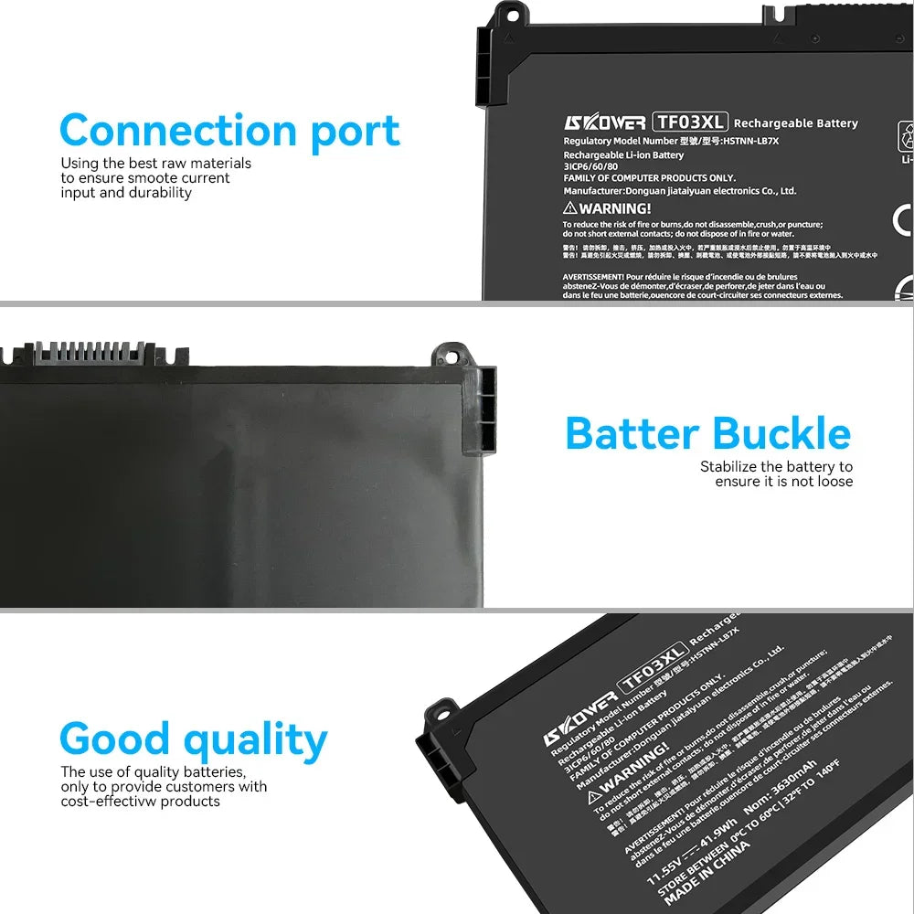 HP Laptop Battery TF03XL / HT03XL – 11.55V, 3-Cell, Li-Ion, for Pavilion 14/15/17, TPN-C136, TPN-Q207