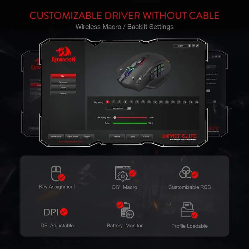 Redragon M913 Gaming Mouse – 16000 DPI, 16 Buttons, Wired & 2.4GHz Wireless, RGB, Black/White