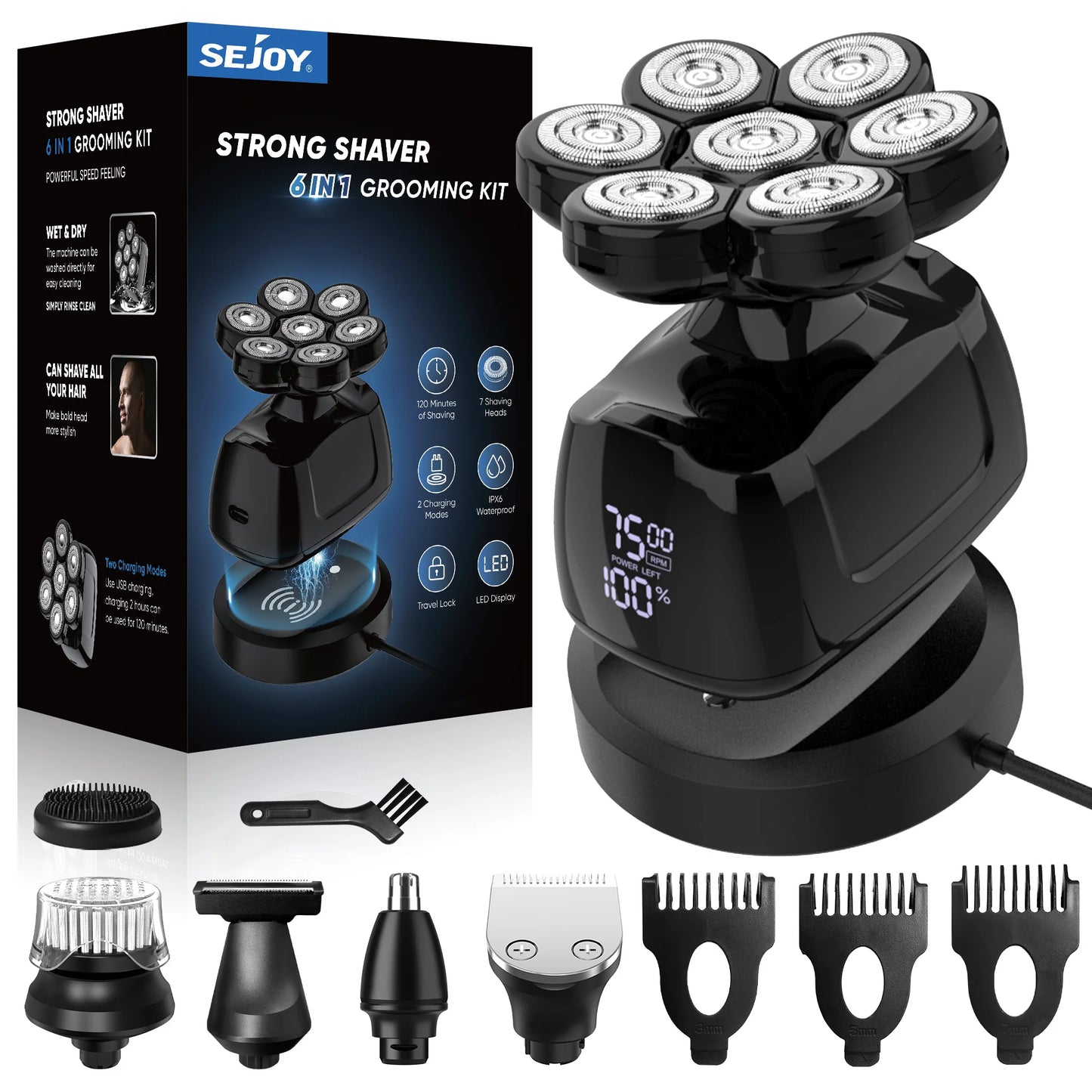 SEJOY 7D Head Shaver for Men – 6-in-1 Electric Razor, Nose Trimmer, Waterproof, 85min Runtime