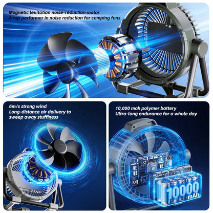 Portable 6-in-1 Outdoor Camping Fan | 10000mAh | 5 Speeds | LED Light | Hook & Remote | Rechargeable