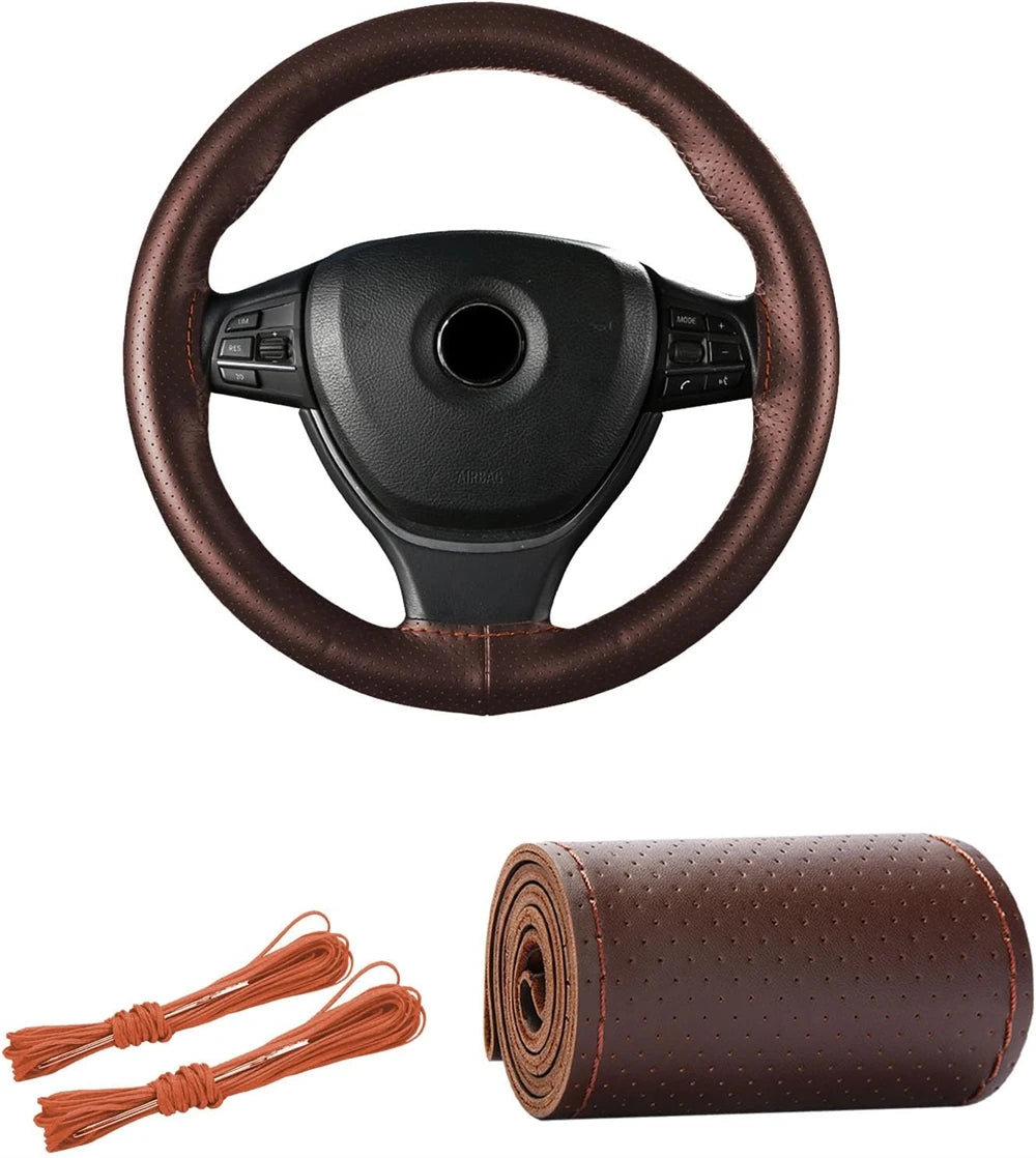 Genuine Leather Braid Steering Wheel Cover | 38cm Hand-Sewn Cowhide with Needles & Thread