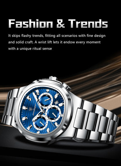 POEDAGAR Men's Luxury Chronograph Watch – Stainless Steel, Waterproof, Luminous, Date