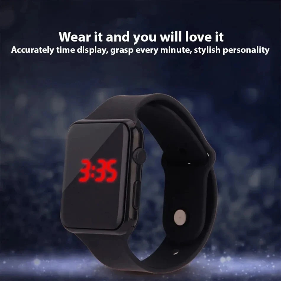 Digital LED watch with sport silicone wristband from R.E.D. Shopping, featuring a sleek black digital display and sporty design.