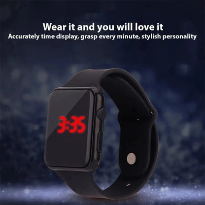 Digital LED watch with sport silicone wristband from R.E.D. Shopping, featuring a sleek black digital display and sporty design.