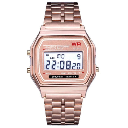 F91W LED Digital Sports Watch - Steel Band, Multi-Function, Unisex Business & Casual Clock