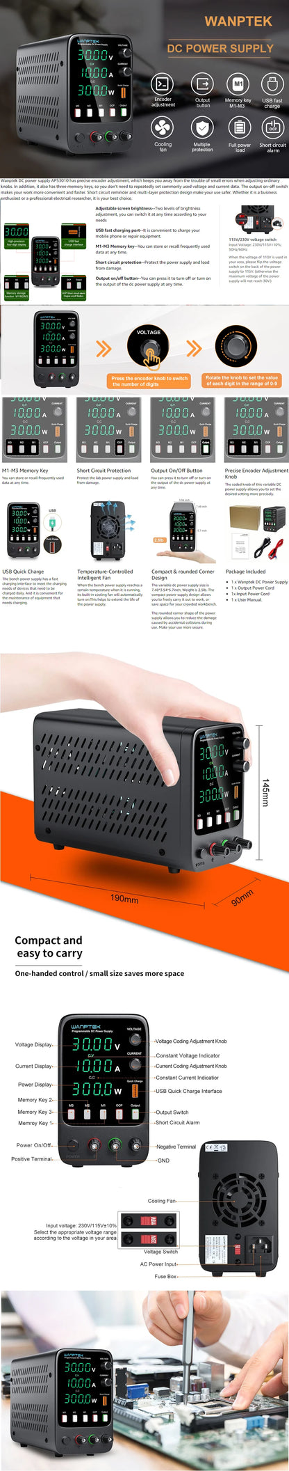 Wanptek Adjustable DC Lab Bench Power Supply – 30V/10A, 60V/5A, 120V/3A