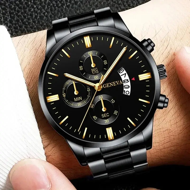 Men’s luxury stainless steel quartz watch with calendar, business style wristwatch by R.E.D. Shopping, featuring a sleek silver finish.