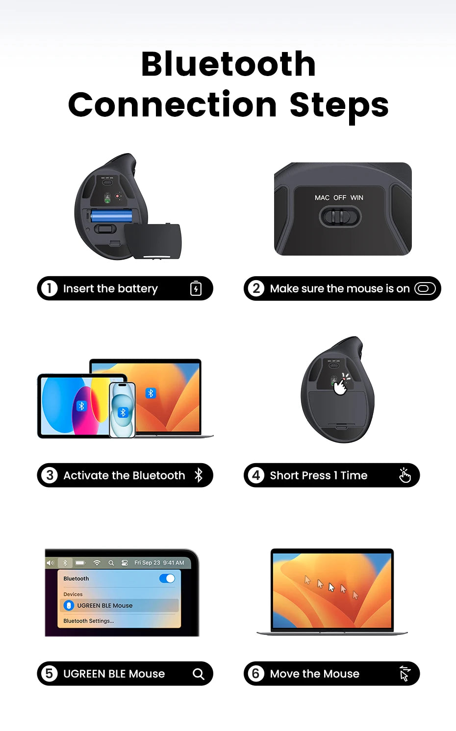 UGREEN Vertical Ergonomic Mouse – Bluetooth 5.0 & 2.4G Wireless, 4000DPI, 6 Silent Buttons, for Mac & PC