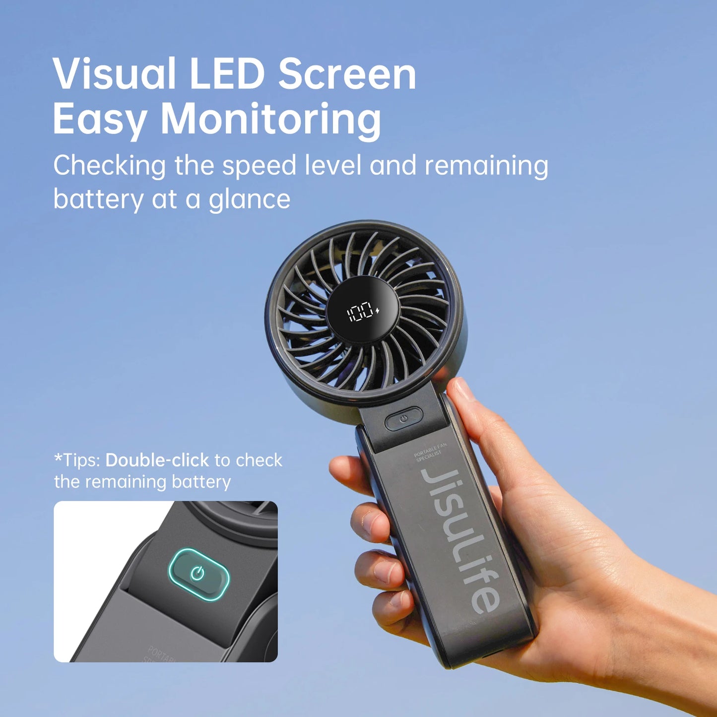 JISULIFE 3-in-1 Portable Handheld Fan – 5 Speeds, LED Display, 3600/5000mAh, Hand/Desk/Neck