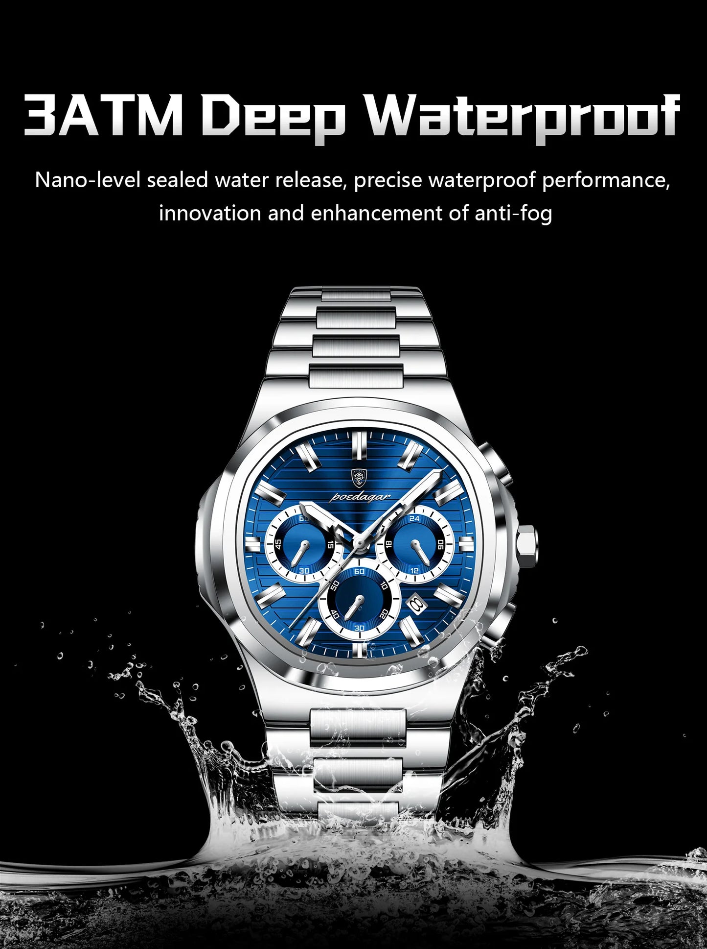 POEDAGAR Men's Luxury Chronograph Watch – Stainless Steel, Waterproof, Luminous, Date