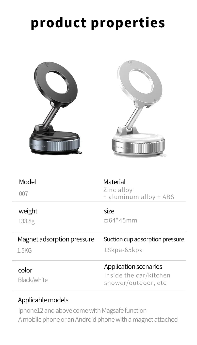 Rotating Folding Magnetic Phone Holder | Vacuum Suction MagSafe Stand for Car, Gym & Kitchen