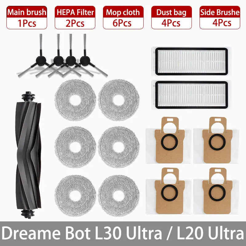 Dreame Bot L30 Ultra / L20 Ultra Replacement Parts | Main Brush, Side Brush, HEPA Filter, Mop, Dust Bag
