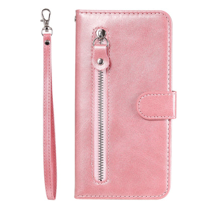 iPhone 16 Plus leather zipper wallet case with card slots and magnetic stand, featuring a sleek design and secure closure.