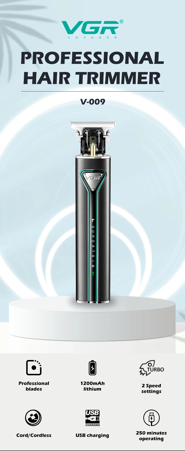 VGR T9 Hair Clipper V-009 – Professional Rechargeable Cordless Beard Trimmer & Haircut Machine for Men