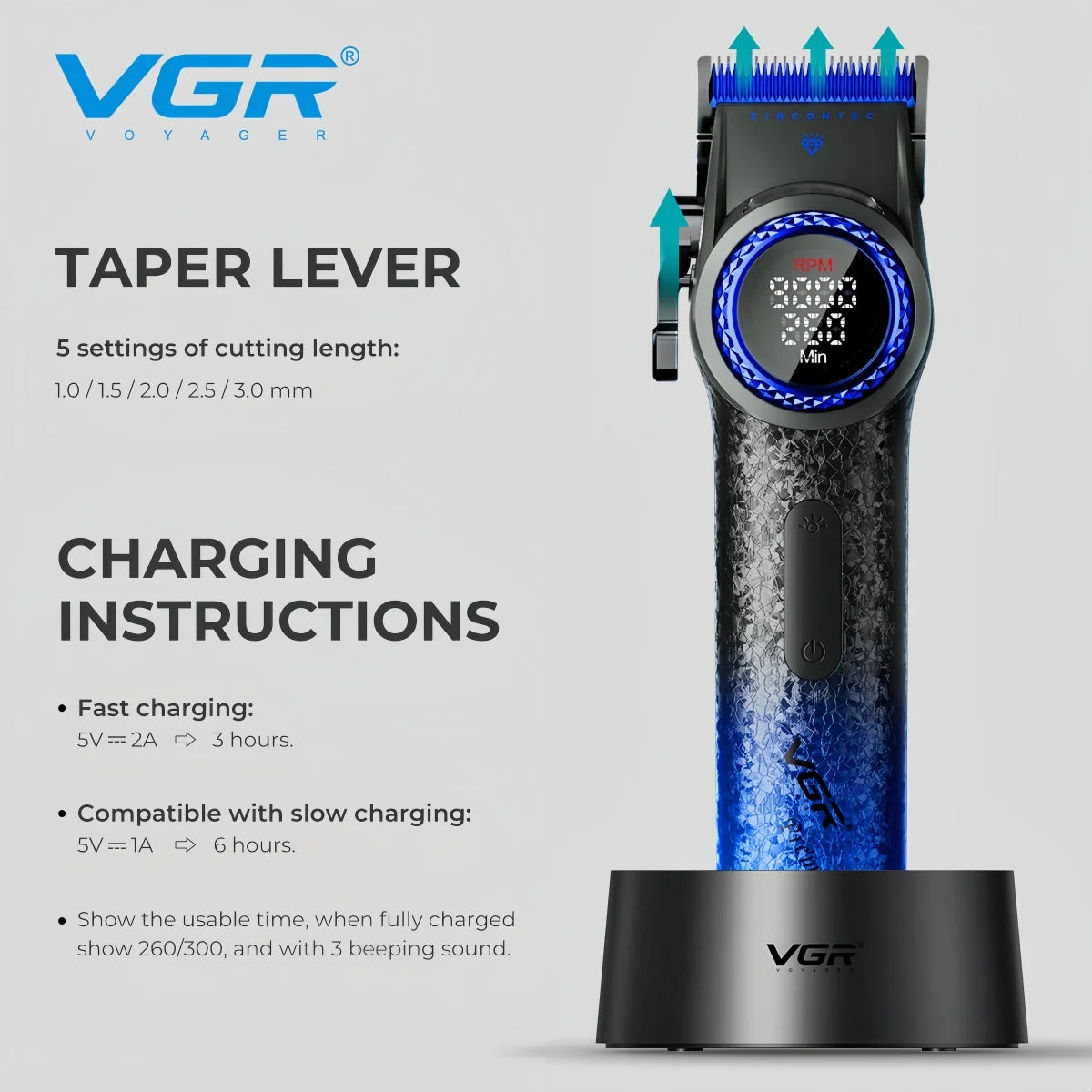VGR V-001 Professional Hair Clipper – 9000RPM, 21-Speed, DLC Blades, 300min, USB