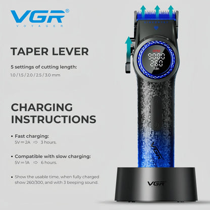 VGR V-001 Professional Hair Clipper – 9000RPM, 21-Speed, DLC Blades, 300min, USB