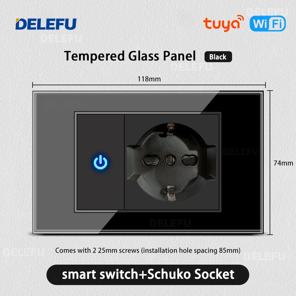 DELEFU Black Tempered Glass Wall Socket – USB Type-C Fast Charging Schuko & Italy