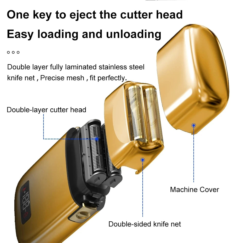 Kemei Km-Tx3 electric shaver with gold metal body, USB charging, anti-pinch design, for hair styling and grooming.