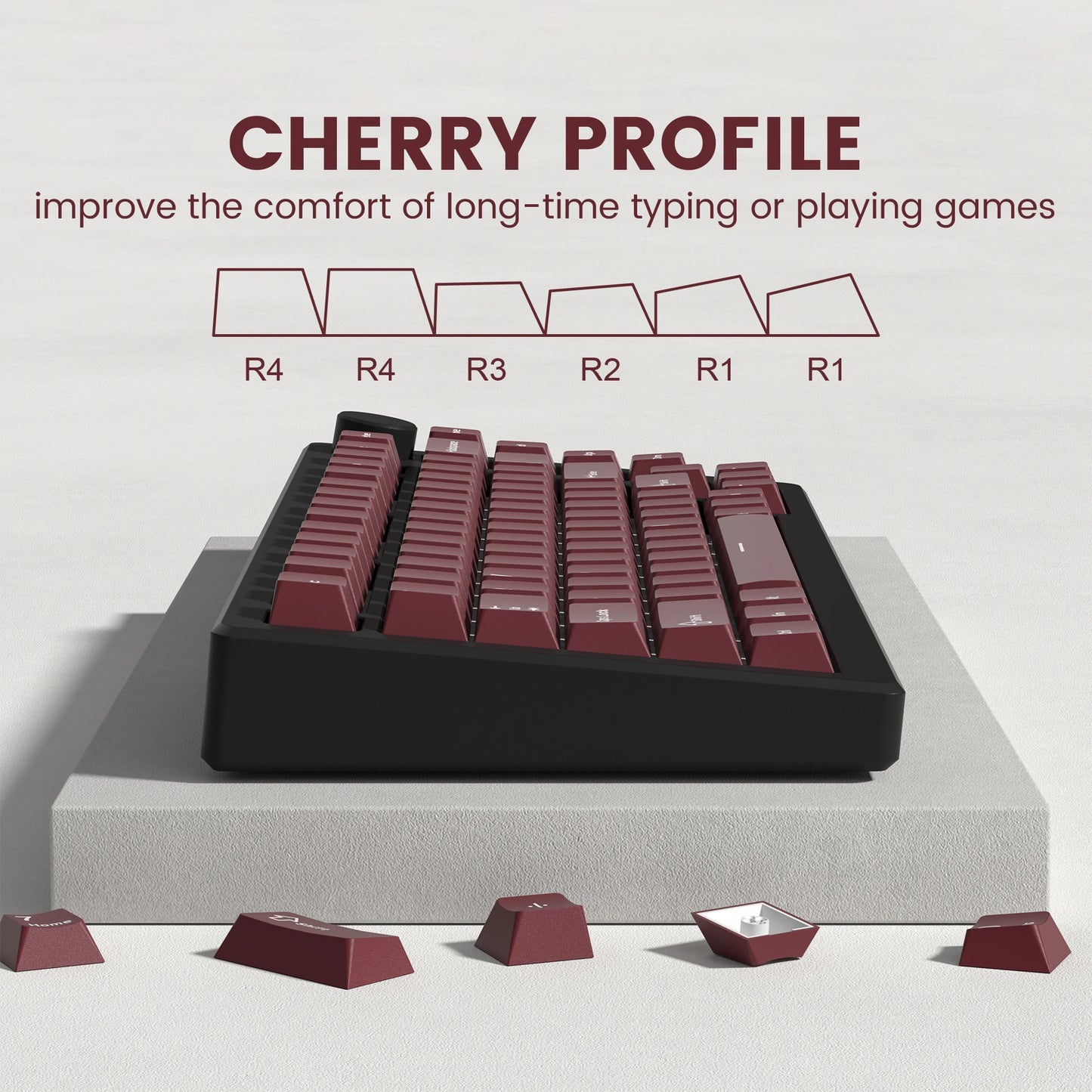 Retro dark red PBT keycap set with 126 double shot cherry profile keycaps for mechanical keyboards, showing key details and texture.