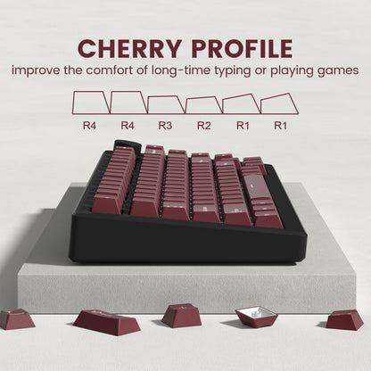 Retro dark red PBT keycap set with 126 double shot cherry profile keycaps for mechanical keyboards, showing key details and texture.