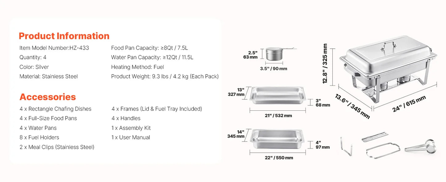 SucceBuy 8 Qt Chafing Dish Buffet Set 4-Pack – Stainless Steel, Full & Half Size Pans, Catering