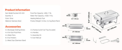 SucceBuy 8 Qt Chafing Dish Buffet Set 4-Pack | Stainless Steel Catering Warmer
