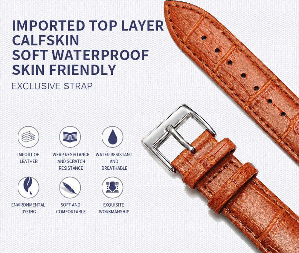 Premium Genuine Leather Watch Strap | 12–24mm, 9 Colors + Tool
