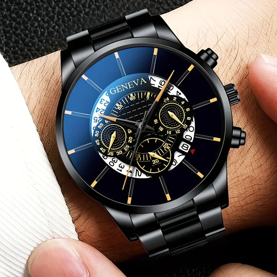 Men's Quartz Watch Set – 3-Piece Stainless Steel Strap, Circular Dial, Date Function