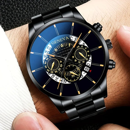 Men's Quartz Watch Set – 3-Piece Stainless Steel Strap, Circular Dial, Date Function