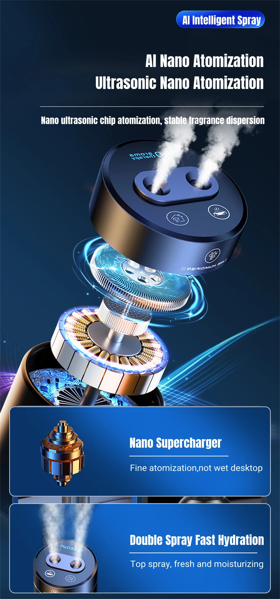 R.E.D. Shopping Zai Xiao 380ML double spray vehicle humidifier with USB charging, mood light, and essential oil diffuser in a compact design.