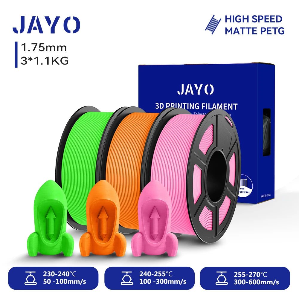 JAYO PETG/High Speed Matte PETG 3D Printing Filament 1.75MM Mix-Colors & No bubbles &Non-toxic For 3D Printer & Pen 3Rolls