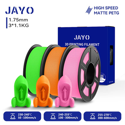 JAYO PETG/High Speed Matte PETG 3D Printing Filament 1.75MM Mix-Colors & No bubbles &Non-toxic For 3D Printer & Pen 3Rolls